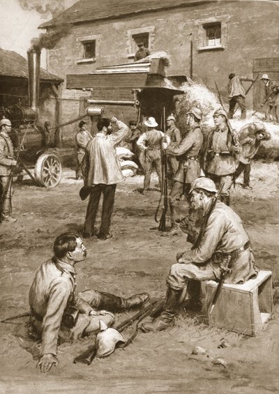 Duitsers dwingen een Franse boer om zijn graan voor hun voordeel te dorsen door Frank Dadd